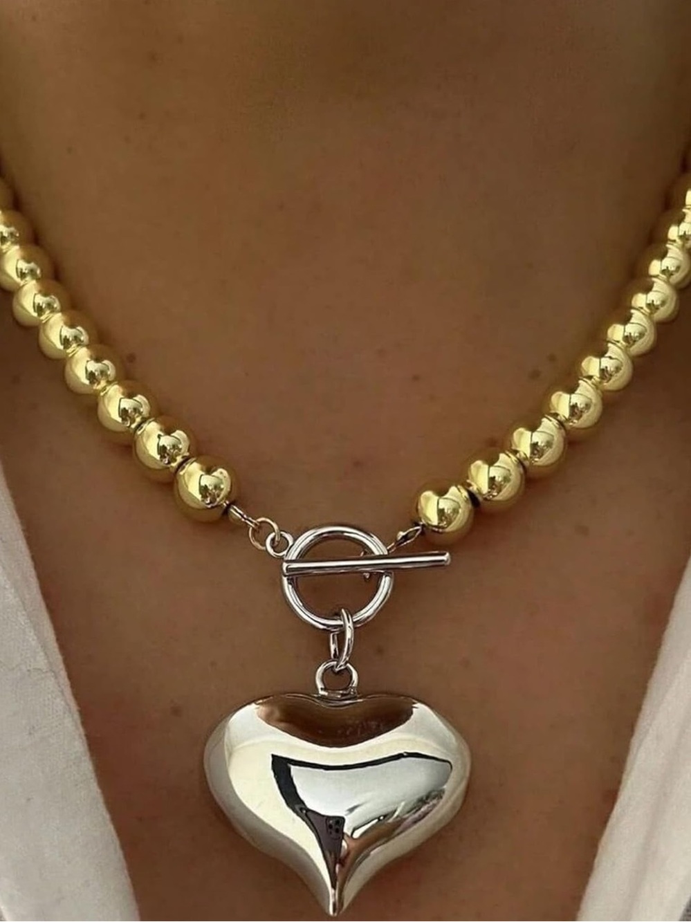 Two-Tone Heart Toggle Necklace - Gold Beads with Silver Heart Pendant